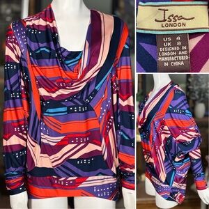 Issa London Silk Purple & Red Cowl Neck Long Sleeve Dolman Tunic Dress, Sz 4 NWT